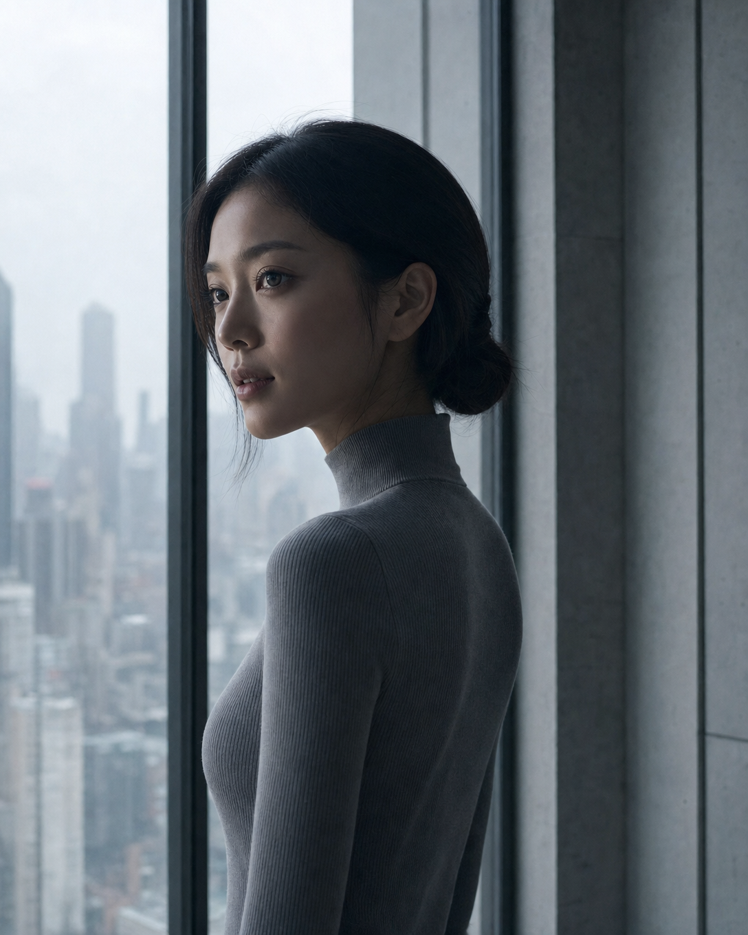 Lumina under clinical light in an ash-grey turtleneck, hair pulled back